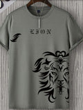 Grey Cotton Round Neck "LION" Graphic T-Shirt