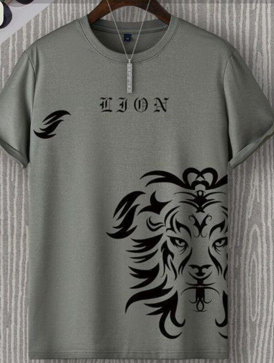 Grey Cotton Round Neck "LION" Graphic T-Shirt