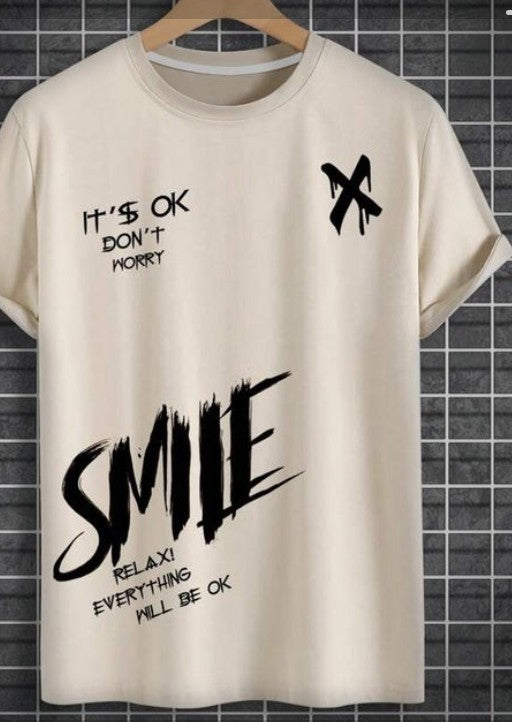Cream "SMILE" Graffiti Print Round Neck T-Shirt
